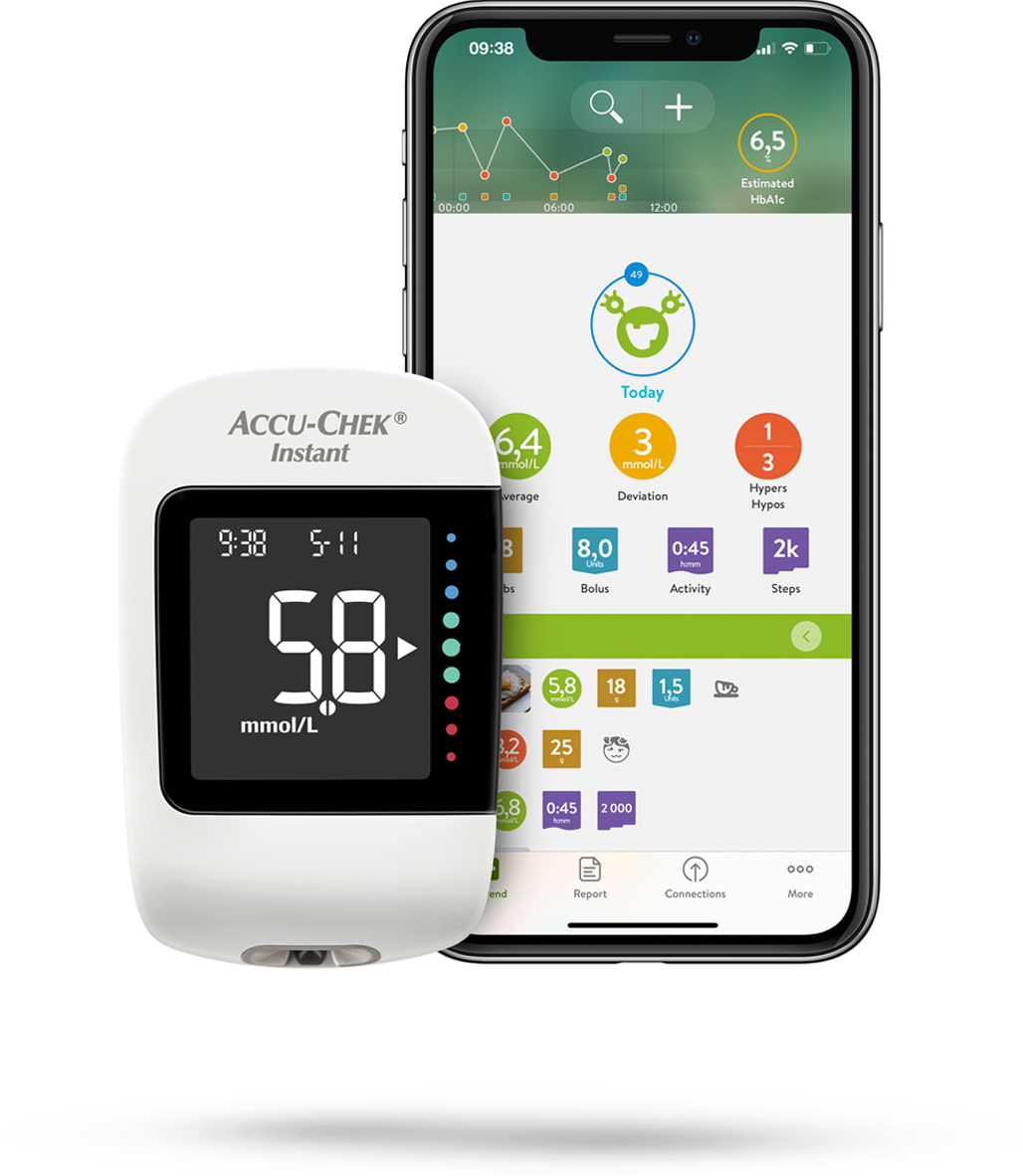 Accu-Chek Instant device and iPhone showing mySugr app