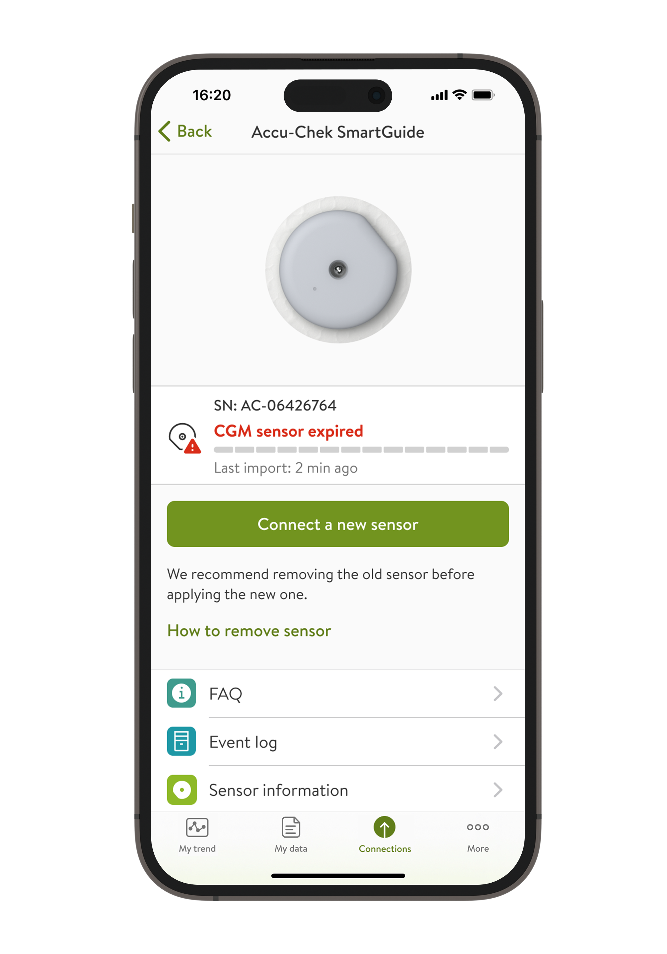 „mySugr“ ekrano „NGS jutiklis baigė galioti“ nuotrauka